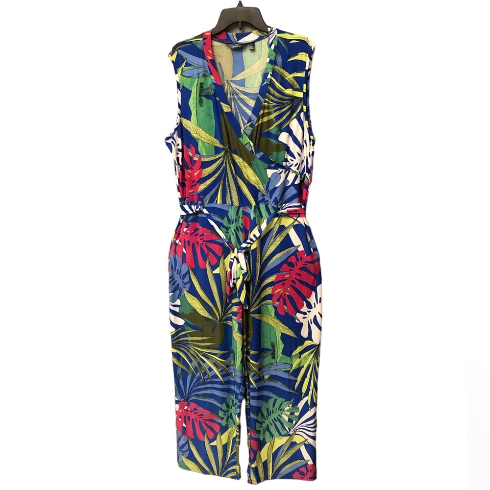 Mlle Gabrielle Women's V-neck  Sleeve Tropical Floral Jumpsuit Stretchy Size 2X
